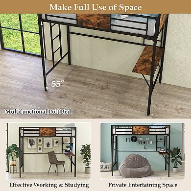 Twin Size Industrial Metal Loft Bed With Desk Storage Shelf And Build-in Ladder