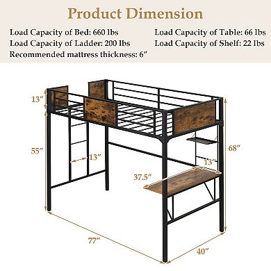 Twin Size Industrial Metal Loft Bed With Desk Storage Shelf And Build-in Ladder