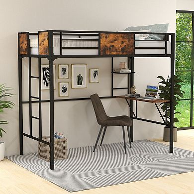 Twin Size Industrial Metal Loft Bed With Desk Storage Shelf And Build-in Ladder