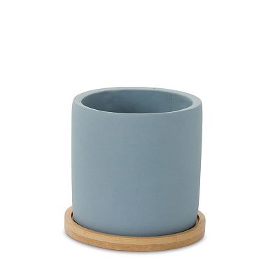 Blue Stone Planter With Wood Plate (set Of 2)