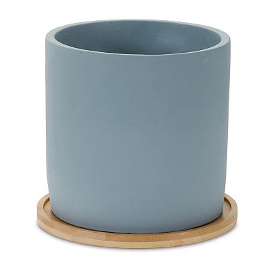 Blue Stone Planter With Wood Plate (set Of 2)