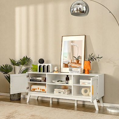 Tv Stand Entertainment Media Console With 2 Rattan Cabinets And Open Shelves-white