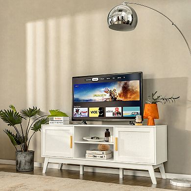 Tv Stand Entertainment Media Console With 2 Rattan Cabinets And Open Shelves-white
