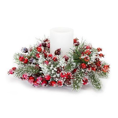 Iced Winter Pine And Berry Candle Ring (Set Of 6)