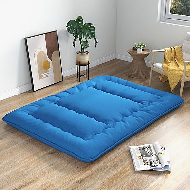 Foldable Futon Mattress With Washable Cover And Carry Bag For Camping Blue-Queen Size
