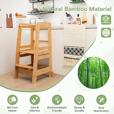 Wicker Toddlers Kitchen Step Stool With Height Adjustable Platform