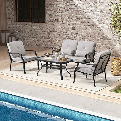 4 Pieces Outdoor Conversation Set With Seat Back Cushions And Waist Pillows - Gray