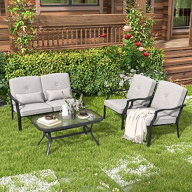 4 Pieces Outdoor Conversation Set With Seat Back Cushions And Waist Pillows - Gray