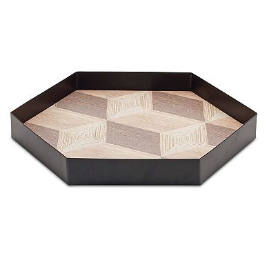 Geometric Wooden Tray with Metal Accent (Set of 3)