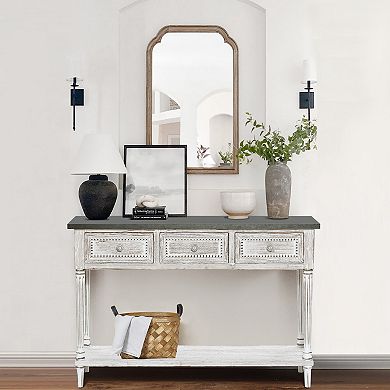 LuxenHome Distressed White Wood And Metal 3-drawer 1-shelf Console And Entry Table