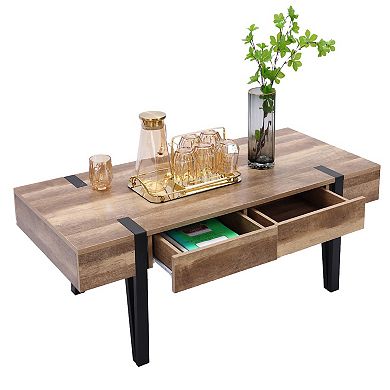 LuxenHome Oak Finish Mdf Wood Black Metal 2-drawer Coffee Table