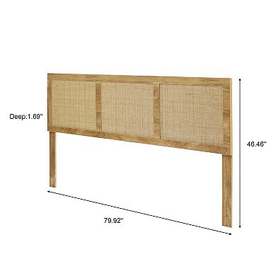 LuxenHome Oak Finish Manufactured Wood With Natural Rattan Panels Headboard, King
