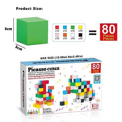 PicassoTiles PMC302 Magnet Cube Building Blocks 80 Pieces 1.2" Magnetic Cubes Toy Construction Building Educational Sensory Toys with Idea Booklet for School & Preschool Kids Boys Girls Toddlers