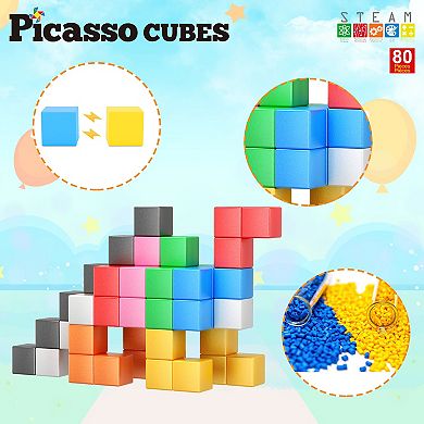 PicassoTiles PMC302 Magnet Cube Building Blocks 80 Pieces 1.2" Magnetic Cubes Toy Construction Building Educational Sensory Toys with Idea Booklet for School & Preschool Kids Boys Girls Toddlers