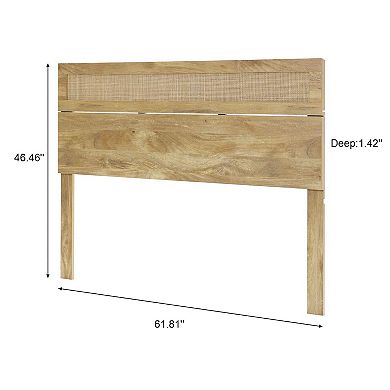 LuxenHome Oak Finish Manufactured Wood With Natural Rattan Top Headboard, Queen