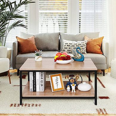 Modern 2-tier Metal Wooden Coffee Table In Natural Wood Finish