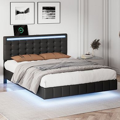 Full Size Floating Bed Frame With Led Lights And Usb Charging