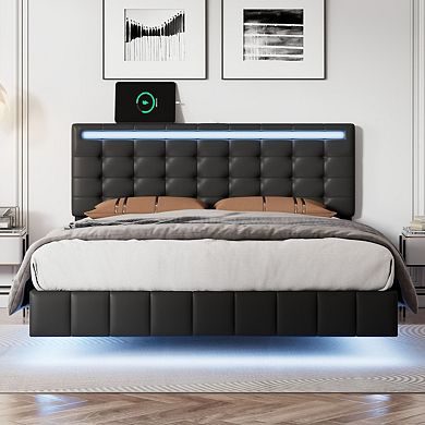 Full Size Floating Bed Frame With Led Lights And Usb Charging