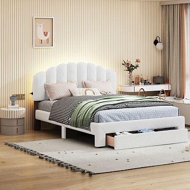 Teddy Fleece Queen Size Upholstered Platform Bed With Drawer