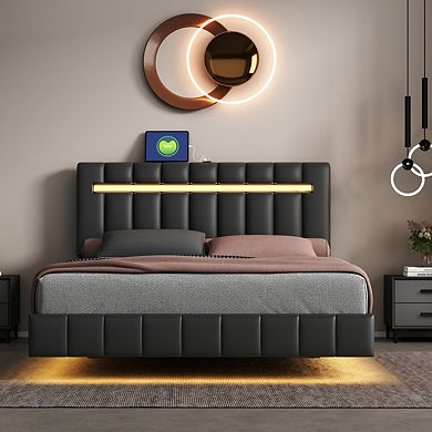 Queen Size Floating Bed Frame With Led Lights And Usb Charging