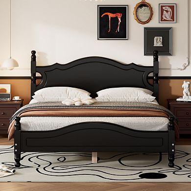 Queen Size Wood Platform Bed Frame, Retro Style Platform Bed With Wooden Slat Support