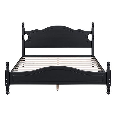 Queen Size Wood Platform Bed Frame, Retro Style Platform Bed With Wooden Slat Support