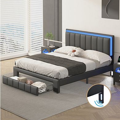 Upholstered Platform Bed With Led Lights And Two Motion Activated Night Lights With Drawers