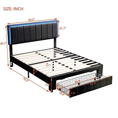 Upholstered Platform Bed With Led Lights And Two Motion Activated Night Lights With Drawers