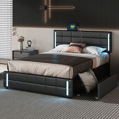 Queen Size Upholstered Platform Bed With Led Lights, Usb Charging, 4 Drawers