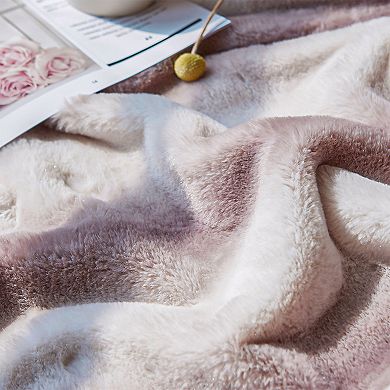 50" X 60" Lightweight Printed Faux Rabbit Fur Plush Cozy Soft Blanket Throw With Stripe