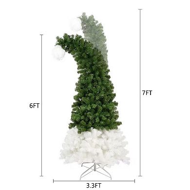 6-7ft Color Blocking Santa Hat Bent Top Cold-white Lights Artificial Fir Hinged Christmas Tree