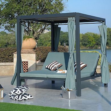 Outdoor Chaise Lounge Sunbed Cushioned Daybed With Adjustable Curtains And Canopy