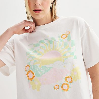 Juniors' Sunflower Sunrise Short Sleeve Cropped Graphic Skimmer Tee