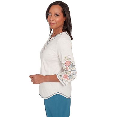 Petite Alfred Dunner Sedona Split Neck Embroidered Top