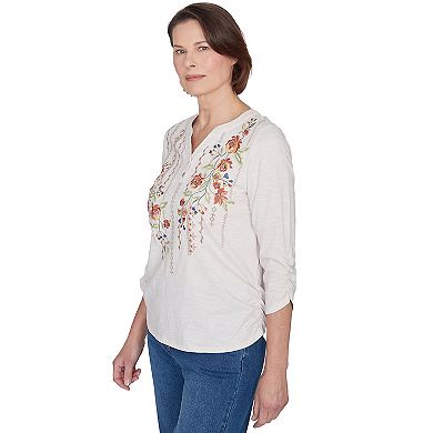 Petite Alfred Dunner Falling Floral Embroidered Henley Top
