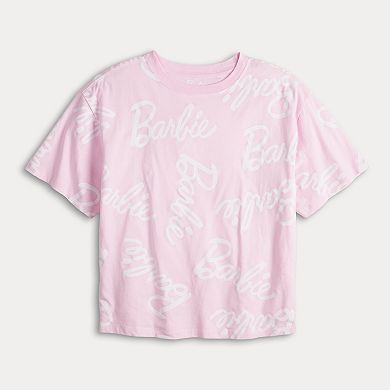 Juniors' Barbie Allover Logo Print Short Sleeve Cropped Graphic Skimmer Tee