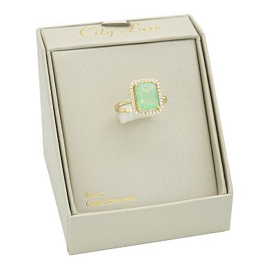 City Luxe Gold Tone Green Opal Crystal & Cubic Zirconia Halo Ring