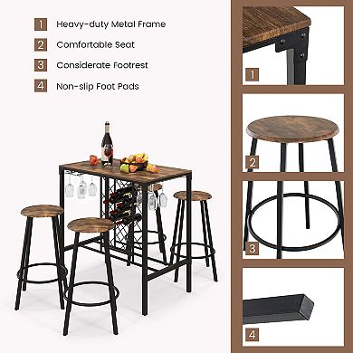 5 Pieces Bar Table And Stools Set With Wine Rack And Glass Holder