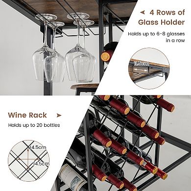 5 Pieces Bar Table And Stools Set With Wine Rack And Glass Holder