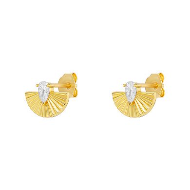 PRIMROSE 18k Gold Vermeil Teardrop Cubic Zirconia Textured Fan Stud Earrings
