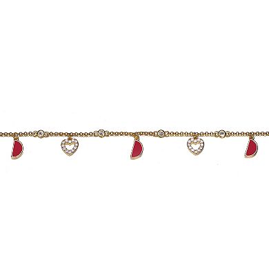 Kids' 14k Gold Plated Cubic Zirconia Heart & Red Half Moon Charm Bracelet
