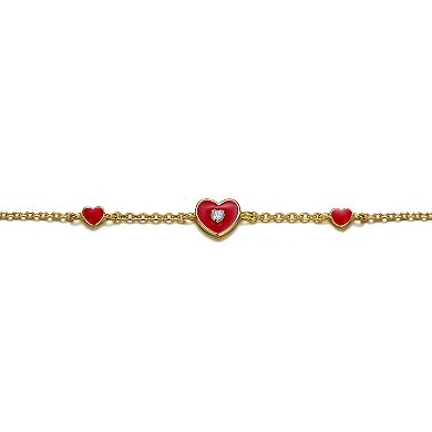 Kids' 14k Gold Plated Bracelet Cubic Zirconia Enameled Heart Station Bracelet