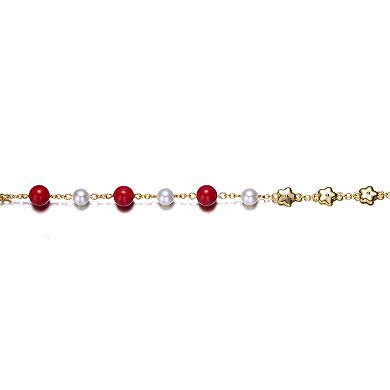 Kids 14k Yellow Gold Plated Star Red Beaded and Simulated Pearl Adjustable Charm Bracelet