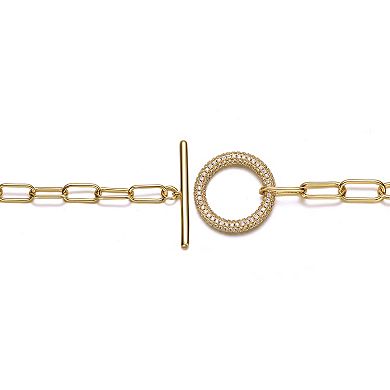 14k Gold Plated Cubic Zirconia Oversized Toggle Clasp Elongated Oval Cable Link Bracelet