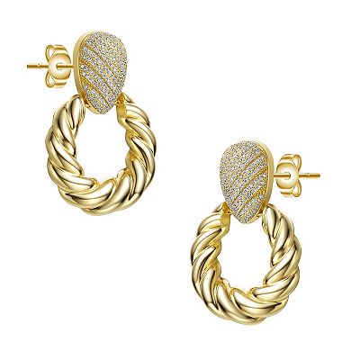 14k Yellow Gold Plated Cubic Zirconia Pave Twisted Rope Doorknocker Drop Earrings