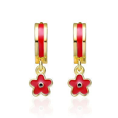 Kids' 14k Gold Plated Red Enameled Flower Drop Hoop Earrings