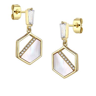 14k Gold Plated Mother of Pearl & Cubic Zirconia Hexagon Drop Earrings
