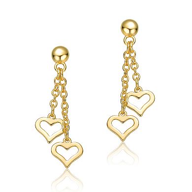 14k Gold Plated Double Heart Chain Drop Earrings