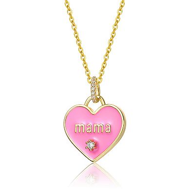 14k Gold Plated Cubic Zirconia "Mama" Pink Enamel Heart Layering Pendant Necklace