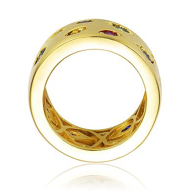 14k Gold Plated Multi-Colored Cubic Zirconia Wide Band Ring